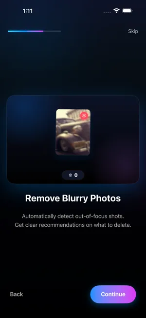 Photo Cleaner screen titled Remove Blurry Photos, showing a blurred photo flagged for review