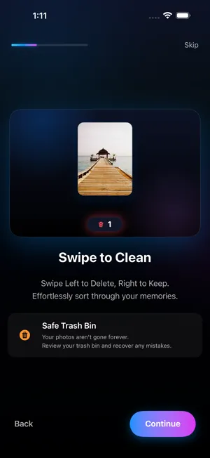 Photo Cleaner screen titled Swipe to Clean, with a photo card and a Safe Trash Bin note